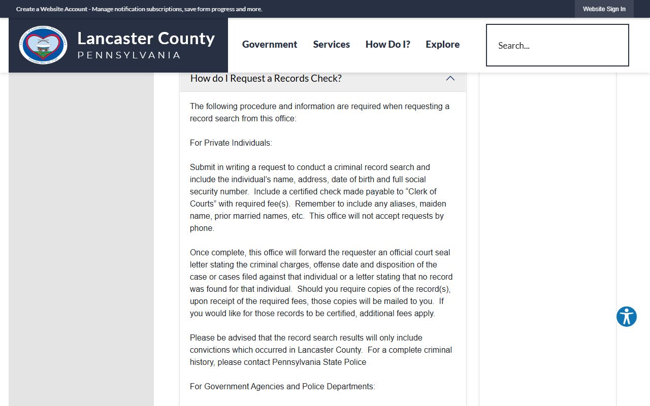 Lancaster County arrest and criminal record check FAQ from the Clerk of Courts