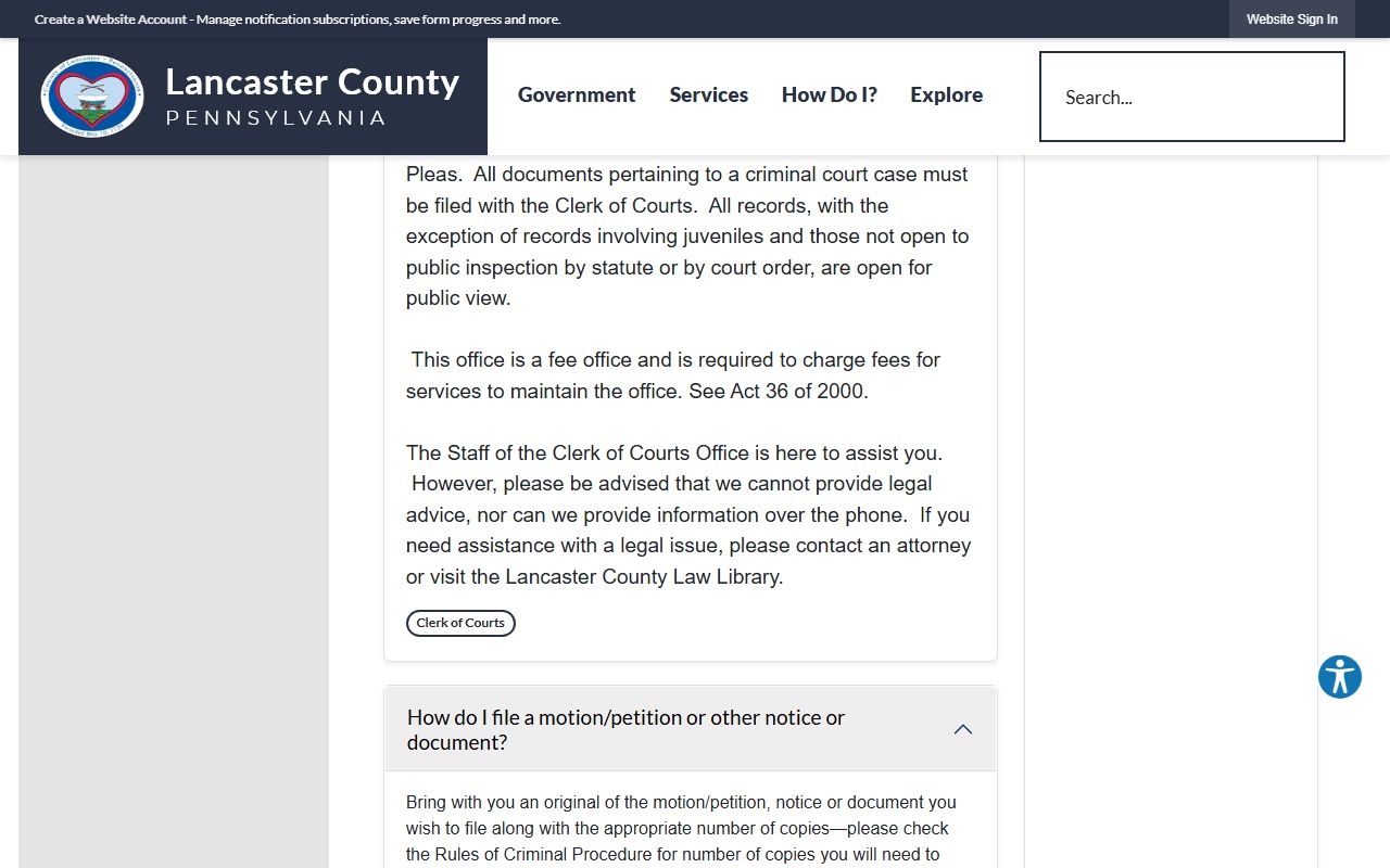 Lancaster County Clerk of Courts FAQ on public access to criminal records