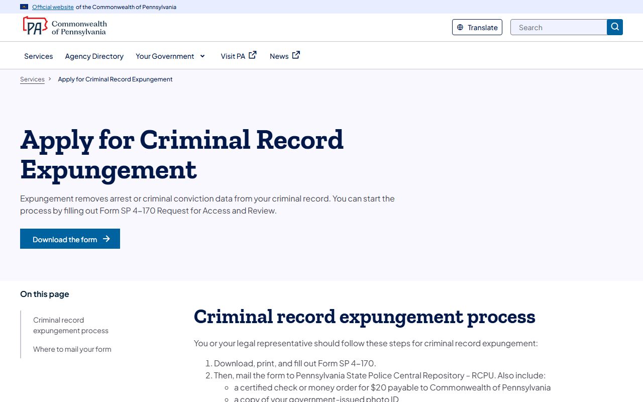 Pennsylvania State Police expungement service for Lancaster County criminal records