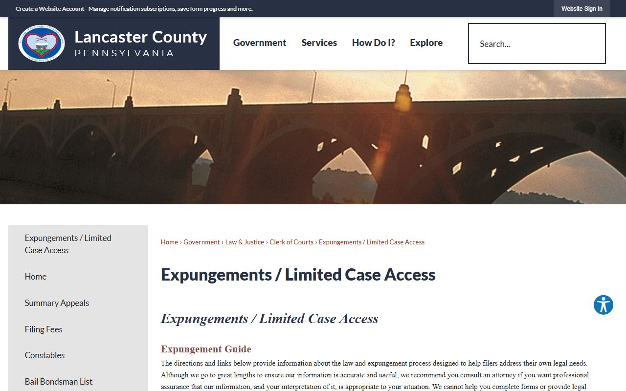 Lancaster County expungement and limited case access page for criminal records