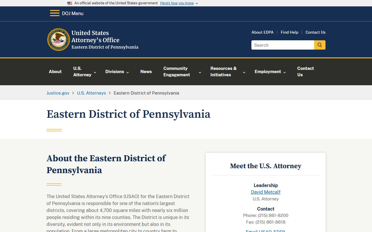 Lancaster County federal court records on the U.S. Attorney Eastern District of Pennsylvania page