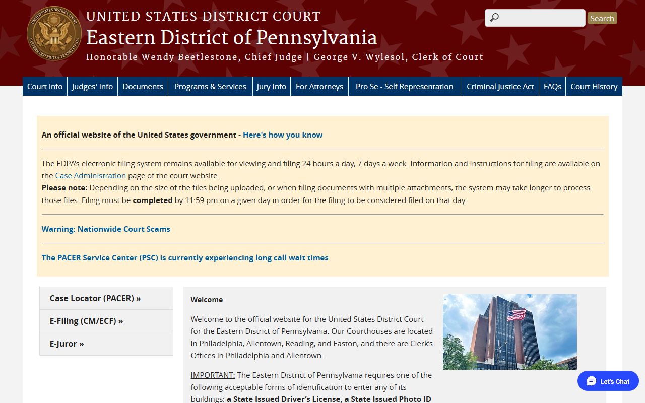 Lancaster County federal court records on the Eastern District of Pennsylvania District Court site
