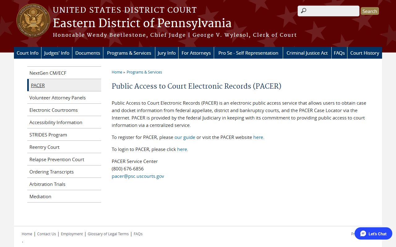 Lancaster County federal court records PACER access page for the Eastern District