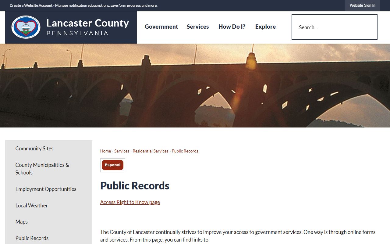 Lancaster County public records page listing court, deed, marriage, and probate resources