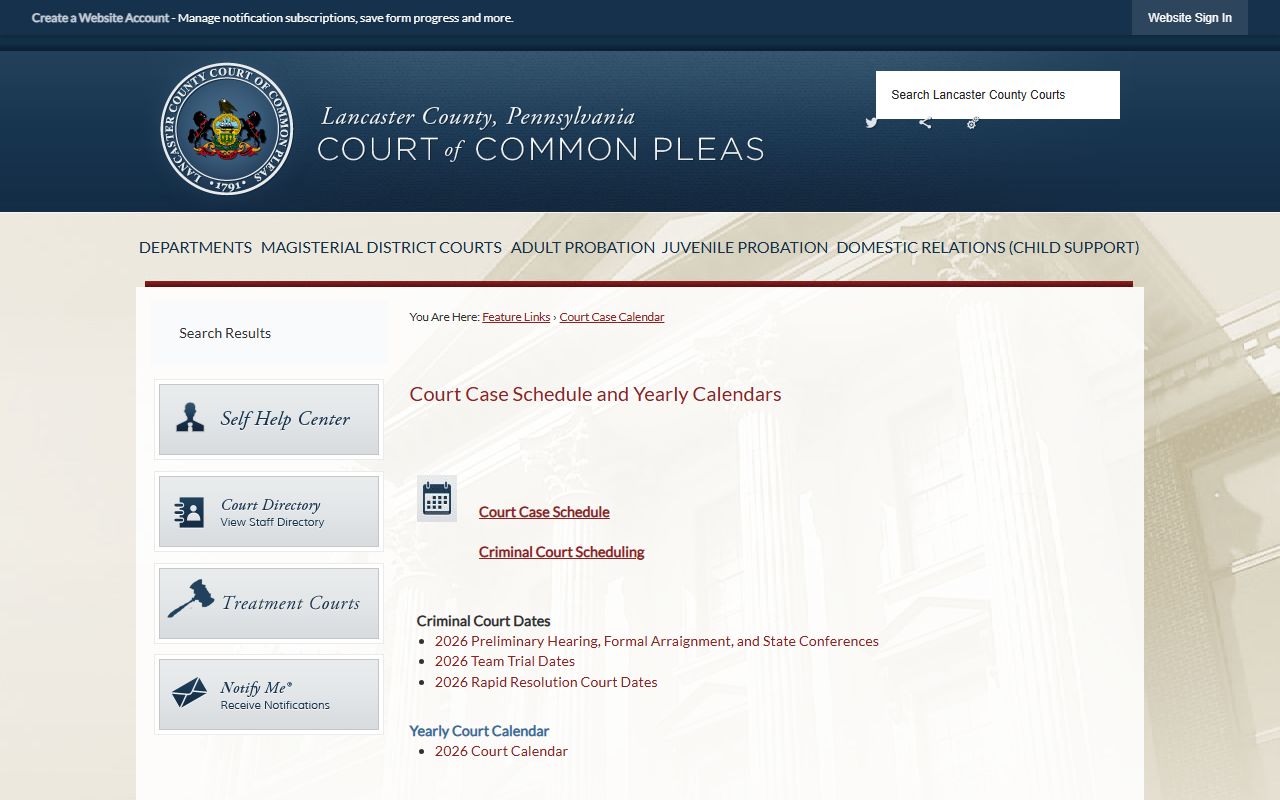Lancaster County court docket case calendar on the Court of Common Pleas site