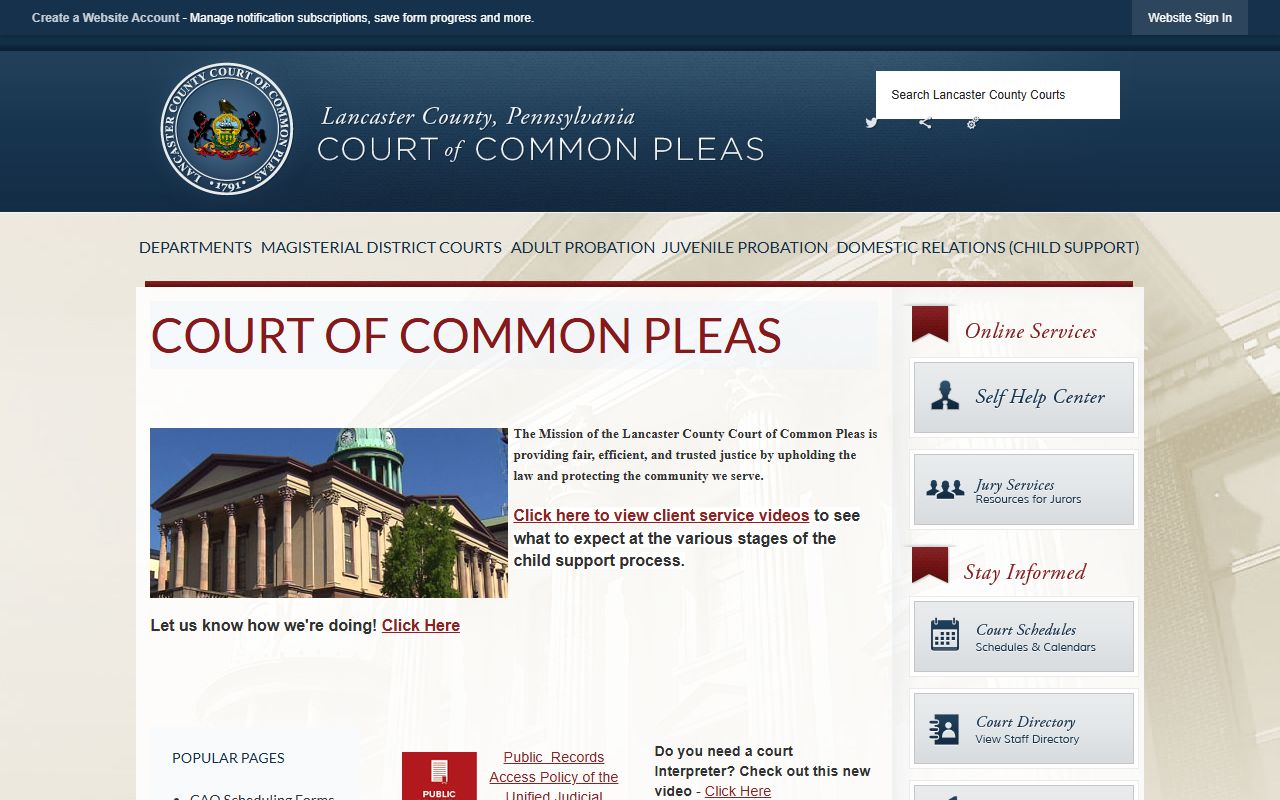 Lancaster County court records portal on the Court of Common Pleas homepage