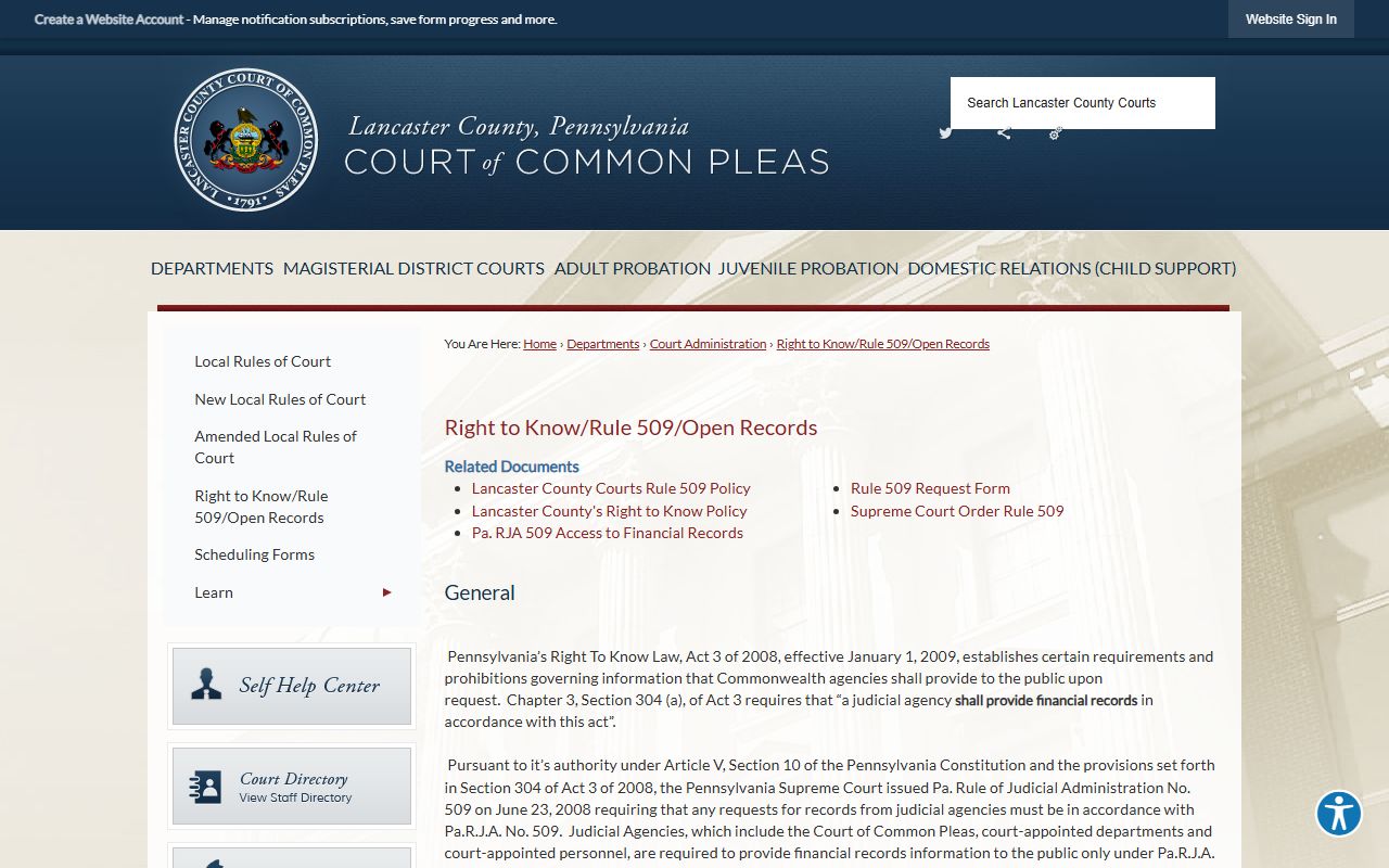 Lancaster County court records open records and Rule 509 page