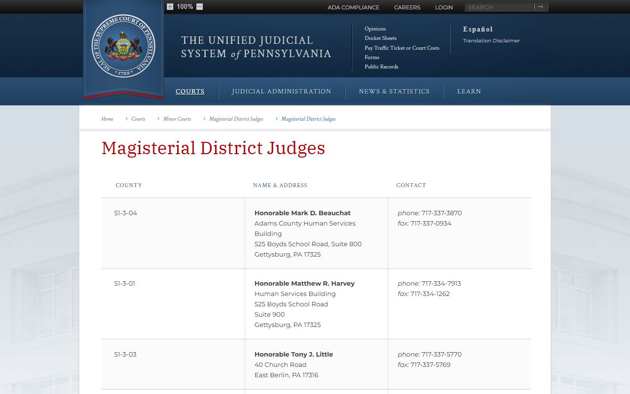 Lancaster County court records Magisterial District Judge list on the Pennsylvania courts site