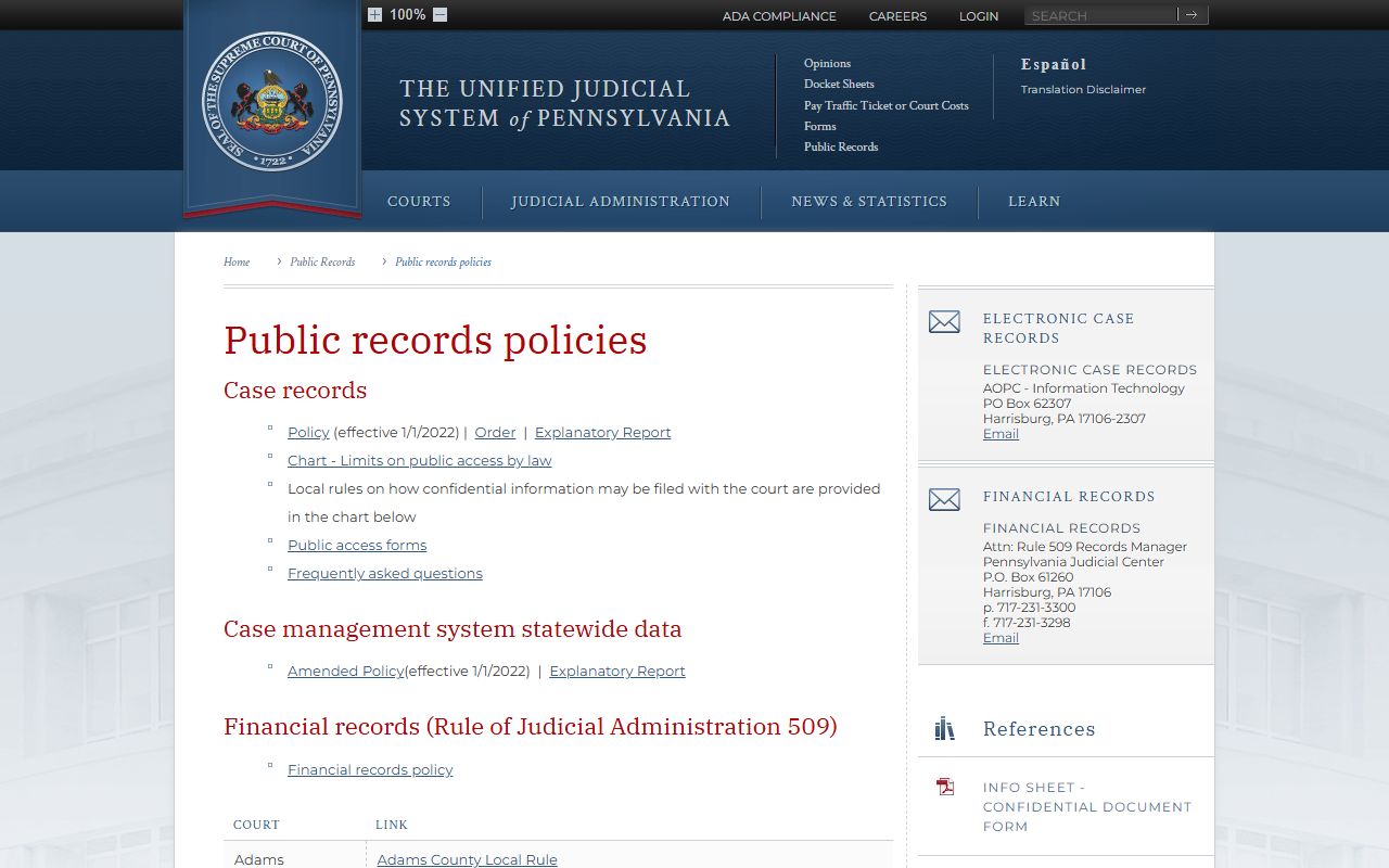 Lancaster County court records UJS public access policy page