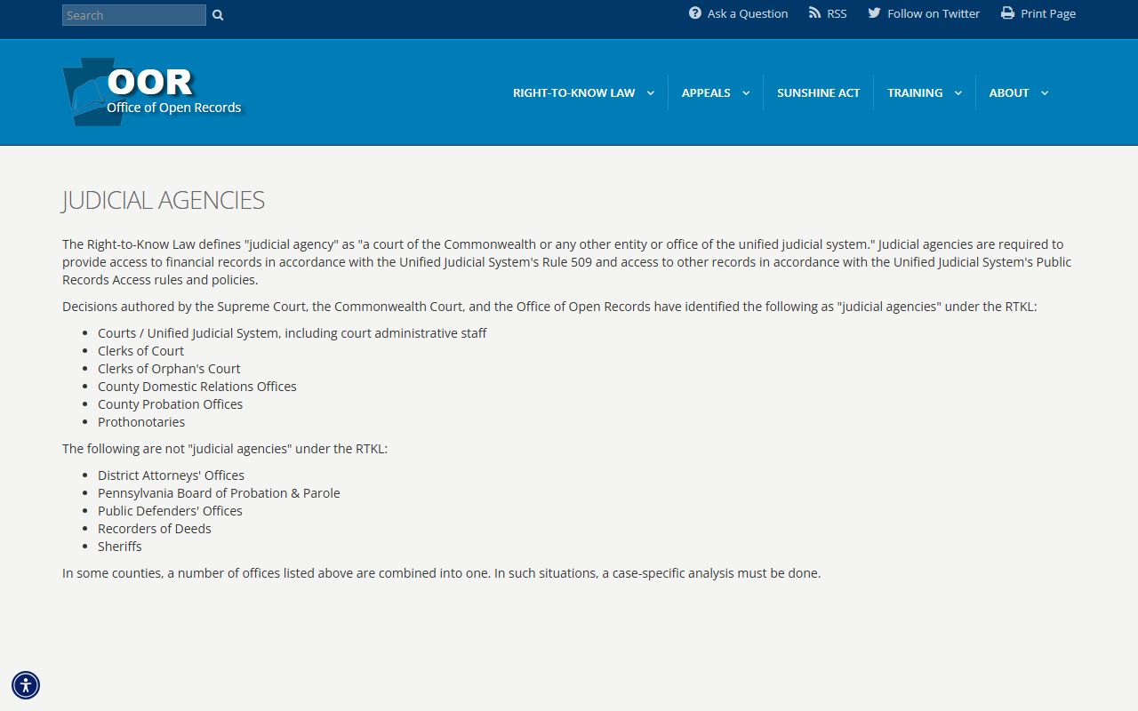 Lancaster County public records guidance on Pennsylvania judicial agencies from the Office of Open Records