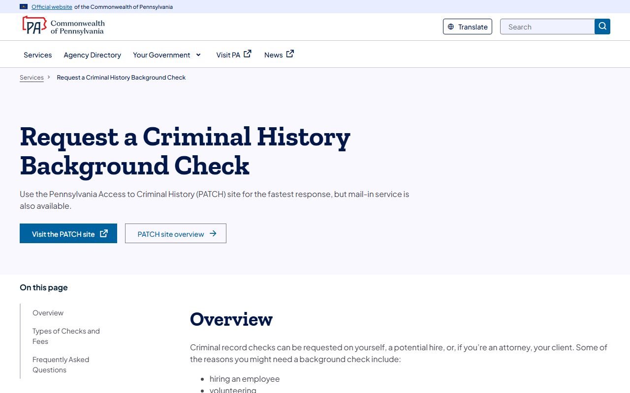 Pennsylvania State Police PATCH page for Lancaster County criminal and arrest records