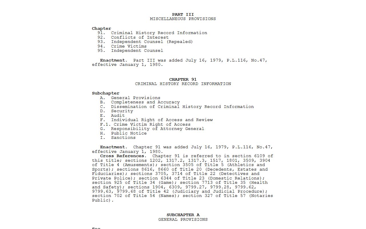Lancaster County court records CHRIA criminal history law on the Pennsylvania statute page