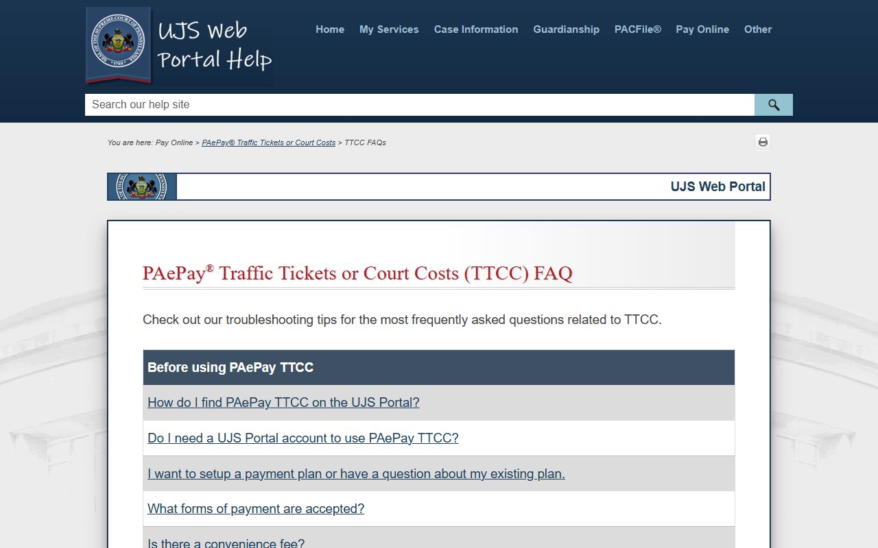 Lancaster County traffic court records and the PAePay TTCC FAQ for traffic ticket payment