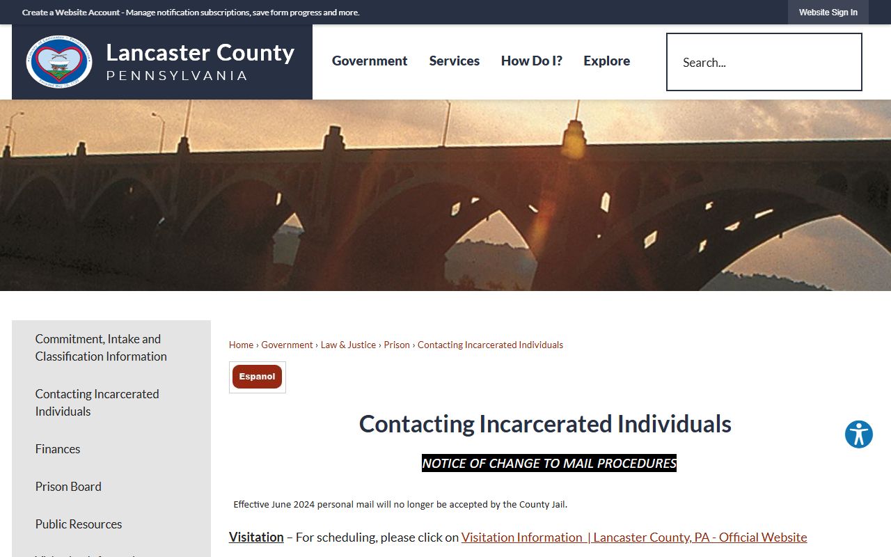 Lancaster County prison record page on contacting incarcerated individuals by mail and phone