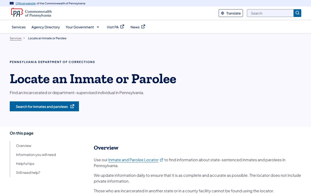 Lancaster County released inmate search on the PA DOC inmate and parolee locator