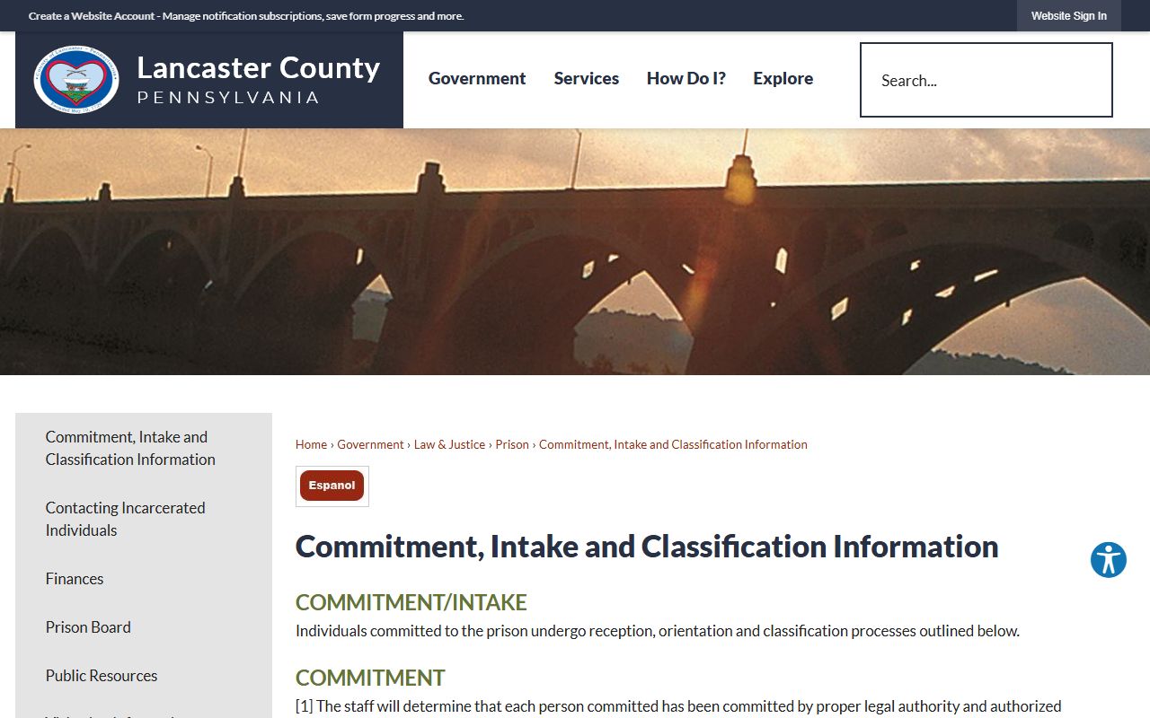 Lancaster County prison record page on commitment, intake, and classification