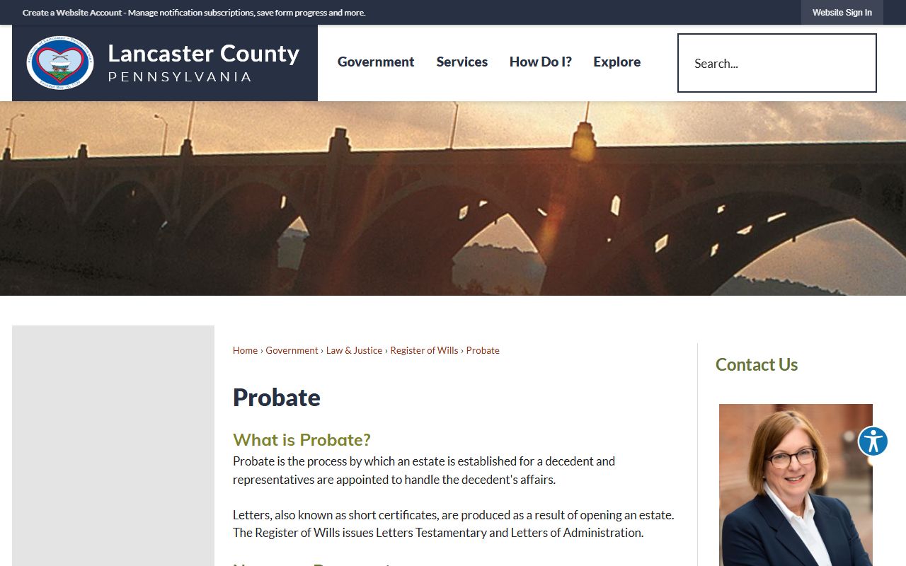 Lancaster County probate records process page from the Register of Wills