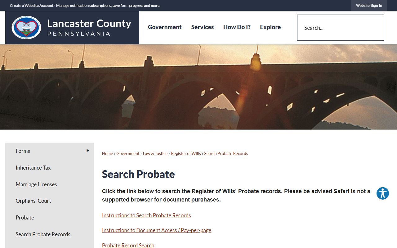 Lancaster County probate records search portal page