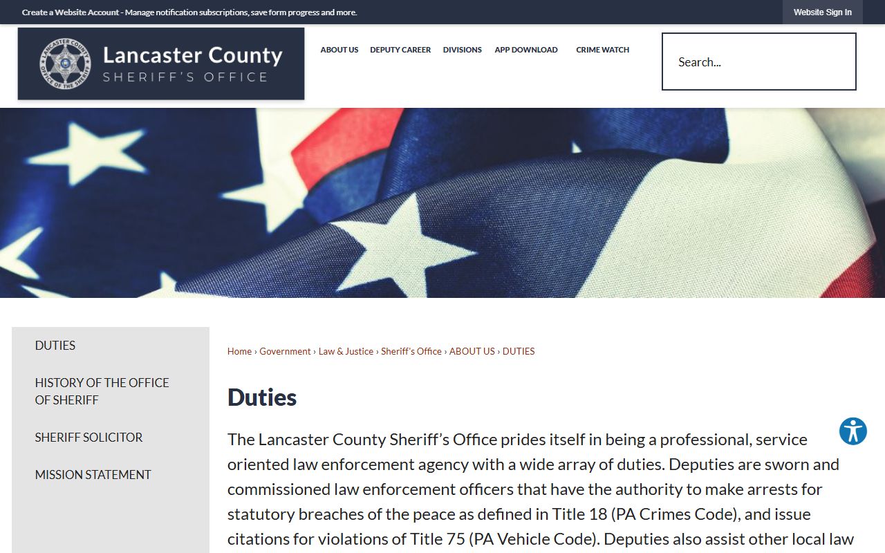 Lancaster County Sheriff duties page listing warrant volumes and record details