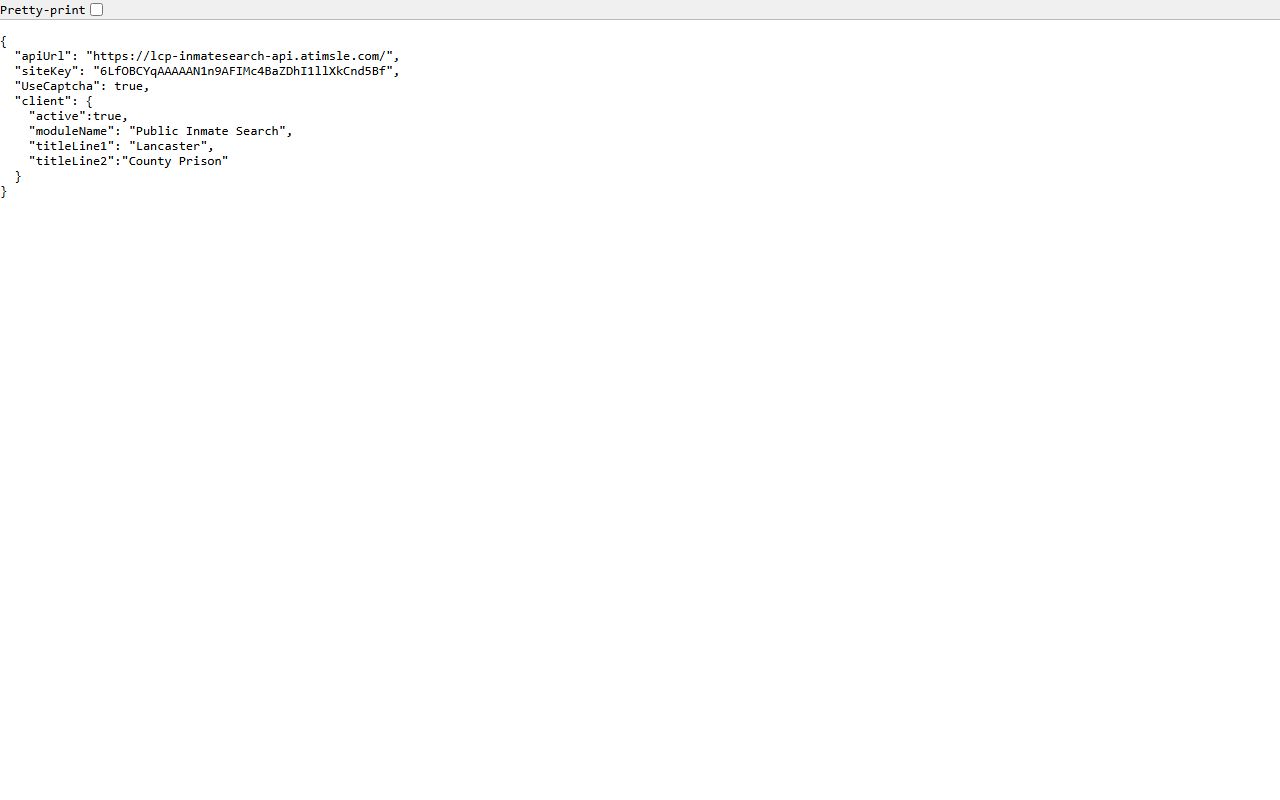 Lancaster County inmate search app config showing the jail roster API and captcha