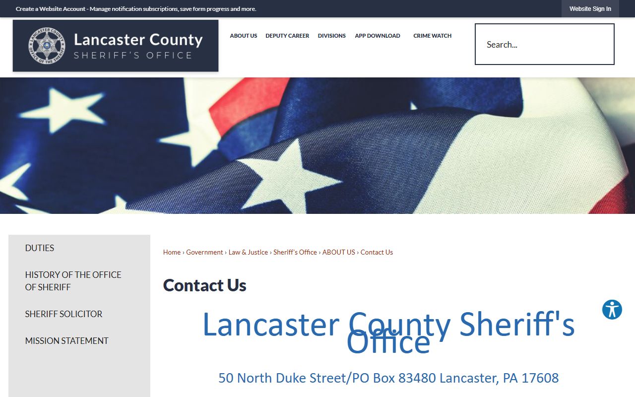 Lancaster County Sheriff contact page to verify a warrant record claim