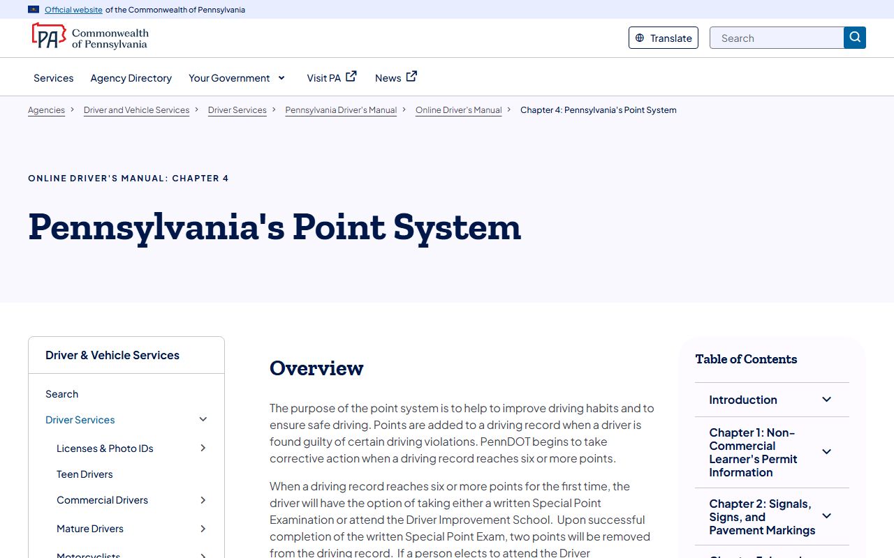 Lancaster County traffic records and the Pennsylvania point system page from PennDOT