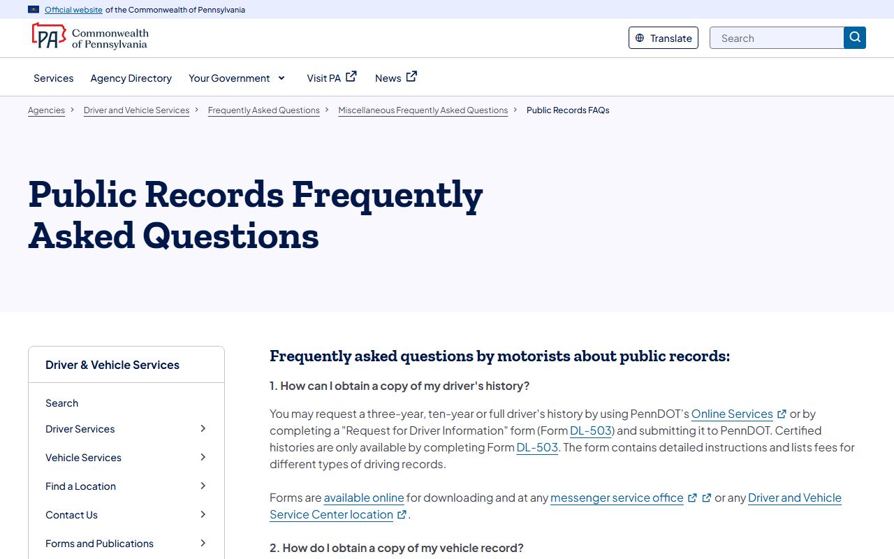 Lancaster County traffic court records and the PennDOT public records FAQ on driver information