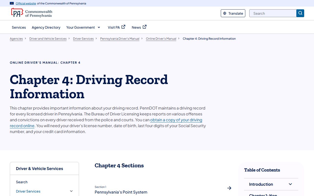 Lancaster County traffic records and the PennDOT chapter on driving record information